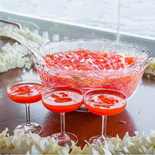 Pro Dispose Heavyweight Clear Plastic 2 Gallon Punch Bowl With 5 OZ Plastic Serving Ladle, Embroidered Design 8 Quart Serving Bowl.