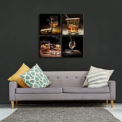 Pyradecor Cigar Wine Whisky Canvas Prints Wall Art Liquor Still Life Pictures Paintings for Kitchen Bar Pub Home Decorations 4 Piece Modern Stretched Ready to Hang Artwork