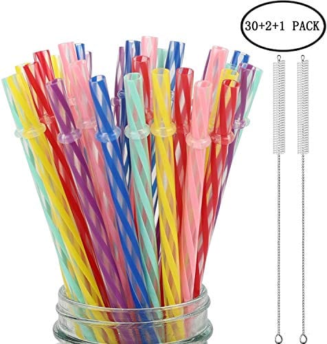 33 Pieces Reusable Plastic Straws Fit for Mason Jars, Tumblers, 9 Inches Transparent Colored Unbreakable Drinking Straws with 1 Straw Carrying Case and 2 Cleaning Brushes, BPA Free and Eco-friendly