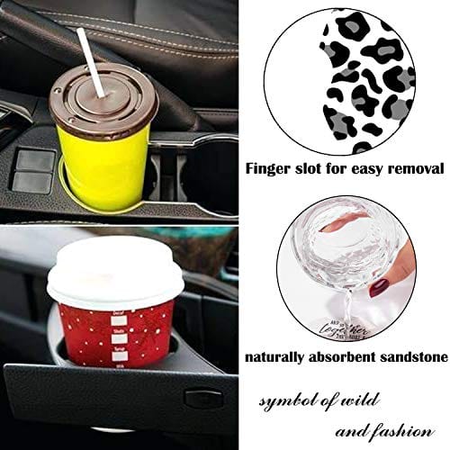 Car Coasters Pack of 2,Leopard Print Absorbent Ceramic Car Coasters,Drink Cup Holder Coasters,with A Finger Notch for Easy Removal(Grey)