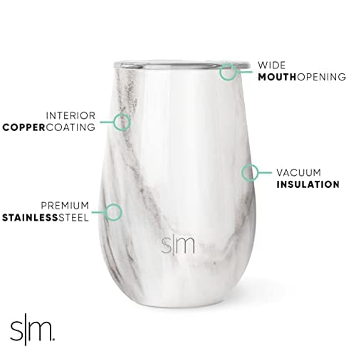 Simple Modern Wine Tumbler with Press-In Lid | Insulated 12oz Stemless Glass Cup or Coffee Mug with Lid Christmas Gifts for Women Men | Spirit Collection | Carrara Marble