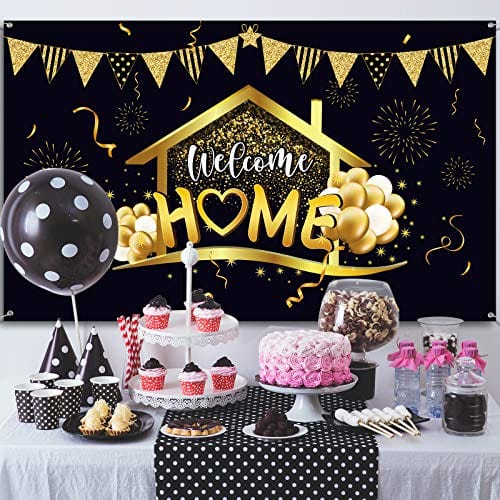 Welcome Home Party Decorations Supplies Homecoming Party Backdrop Welcome Back Home Banner Return Home Photography Background for Family Party Home Decoration Photo Booth Black Gold, 70.8 x 43.3 inch