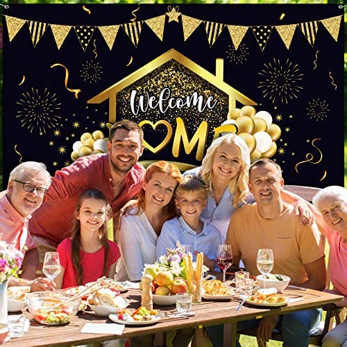 Welcome Home Party Decorations Supplies Homecoming Party Backdrop Welcome Back Home Banner Return Home Photography Background for Family Party Home Decoration Photo Booth Black Gold, 70.8 x 43.3 inch