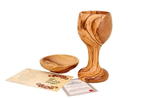 Communion cups - The Lord's Supper - Olive Wood Wine Goblet - Chalice (6 Inches Large) with Olive Wood Bread Tray .