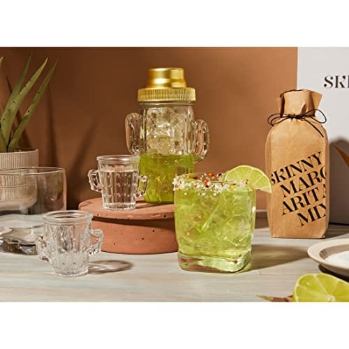 Thoughtfully Cocktails, Skinny Margarita Cocktail Gift Set, Includes Skinny Margarita Cocktail Mixer, Glass Cactus Cocktail Shaker, 2 Cactus Shot Glasses, and 2 Flavored Salts (Contains NO Alcohol)