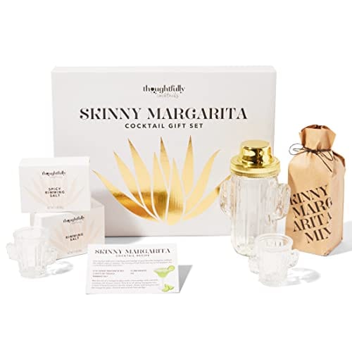 Thoughtfully Cocktails, Skinny Margarita Cocktail Gift Set, Includes Skinny Margarita Cocktail Mixer, Glass Cactus Cocktail Shaker, 2 Cactus Shot Glasses, and 2 Flavored Salts (Contains NO Alcohol)