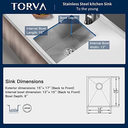 Bar Sink, TORVA 15 x 17 Inch Undermount Kitchen Sink, 16 Gauge Stainless Steel Wet Bar or Prep Sinks Single Bowl, Fits 18