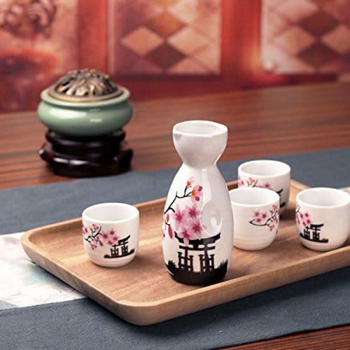 Tosnail 5 Pieces Ceramic Japanese Sake Set, 1 Serving Carafe and 4 Cups - Pink Sakura