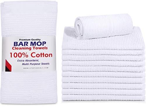 Utopia Towels Ribbed Bar Mop Towels,16 x 19 Inches, 100% Cotton Super Absorbent White Bar Towels, Multi-Purpose Cleaning Towels for Home and Kitchen Bars, (Pack of 12)