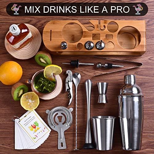 Cocktail Shaker Set Bartender Kit 26-Piece Stainless Steel Bar Tool Set with Bamboo Stand,Home Cocktail Tool with All Bar Accessories (Silver)