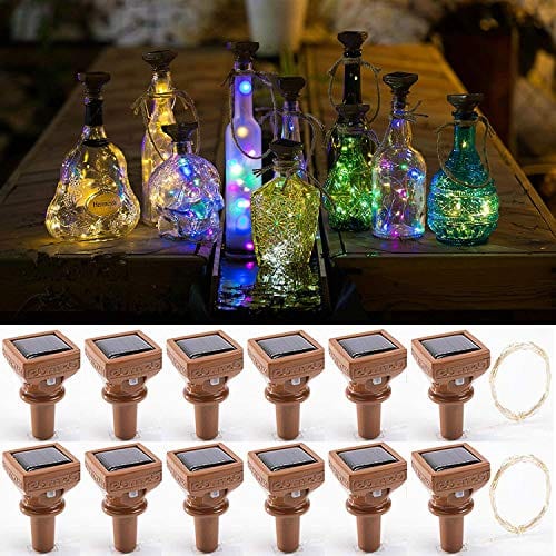 YJFWAL 2022 Upgraded 12 Pack Solar Wine Bottle Lights,20 LEDs Waterproof Copper Lights, Bottle Lights Fairy Cork String Lights for Christmas, Outdoor, Wedding Decor, Halloween Decor(Multi Color)