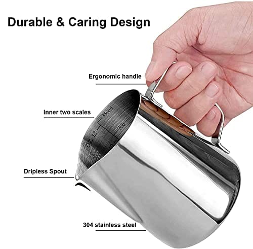 Espresso Milk Frothing Pitchers 12oz/350ml Milk Frother Pitcher 304 Stainless Steel Barista Milk Steaming Jug Cup for Making Coffee Cappuccino Latte Art