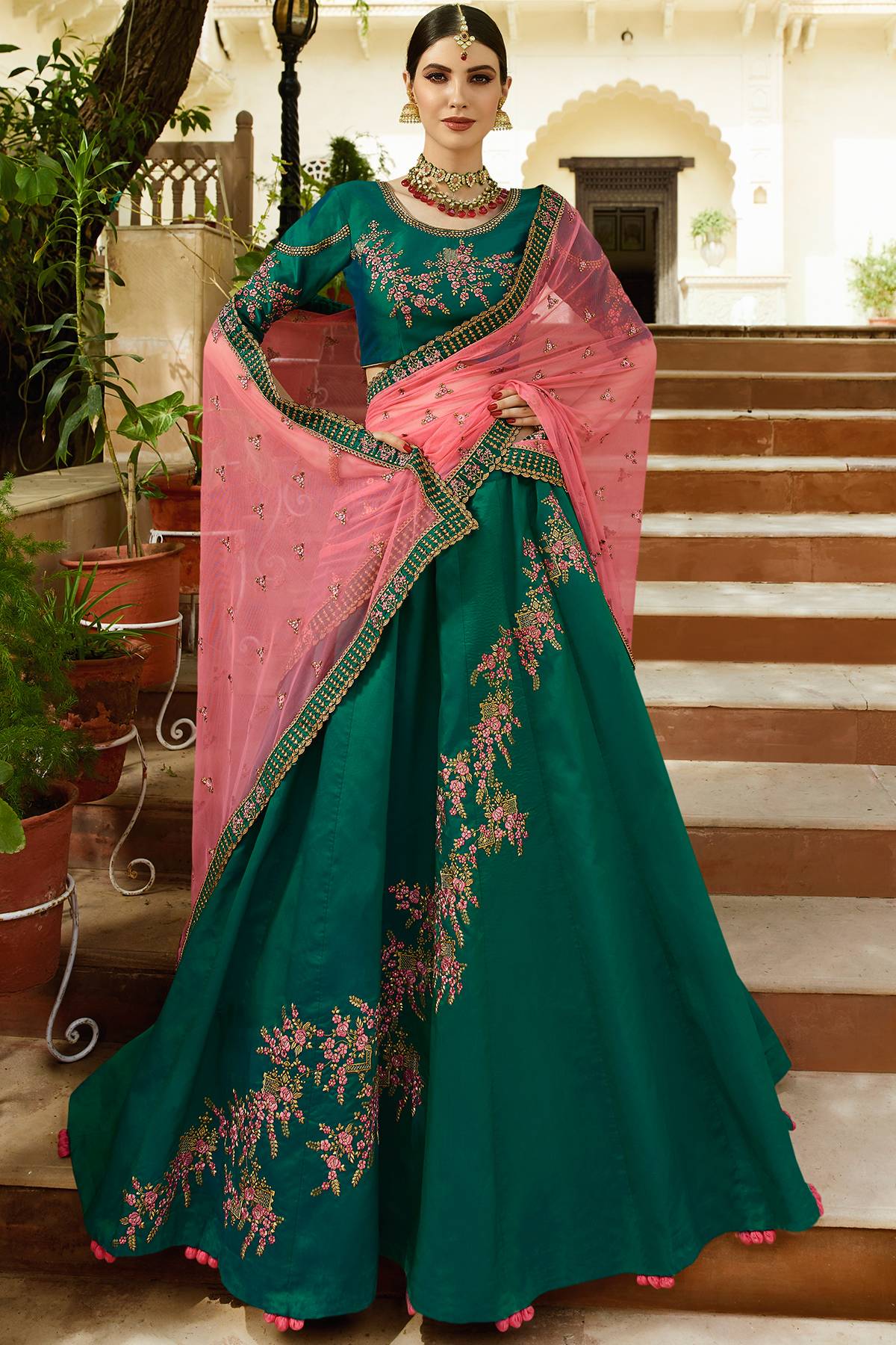 pink and green lehenga choli