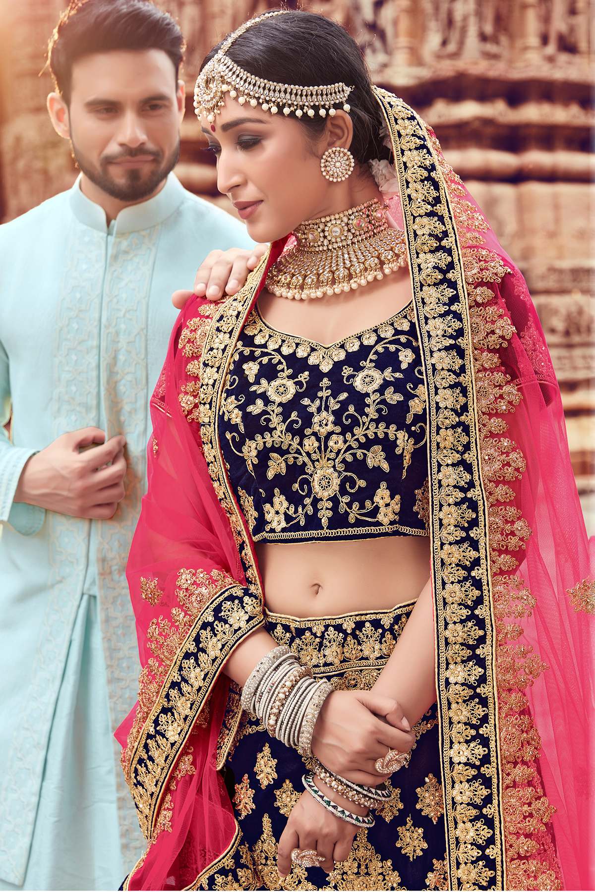 blue velvet bridal lehenga