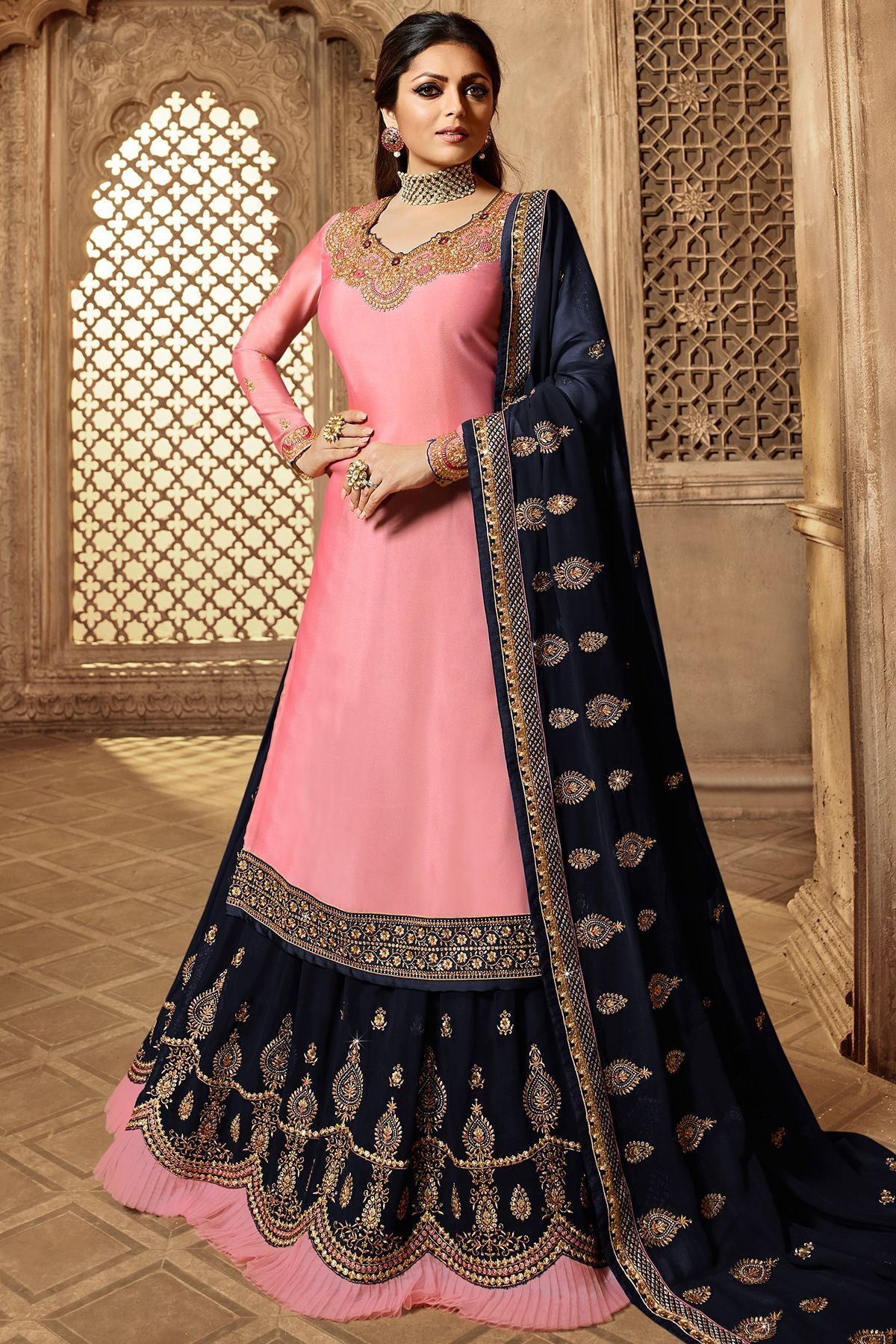 Royal Blue Designer Embroidered Kurta with Skirt Lehenga Online