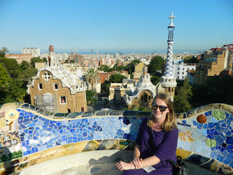 Jen in Barcelona wearing travel knit dress from Desiree clothing