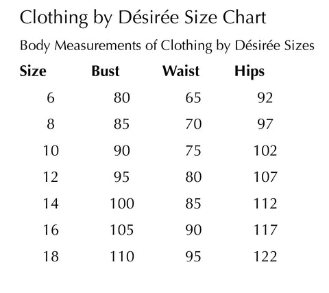 clothing by desiree sizing chart