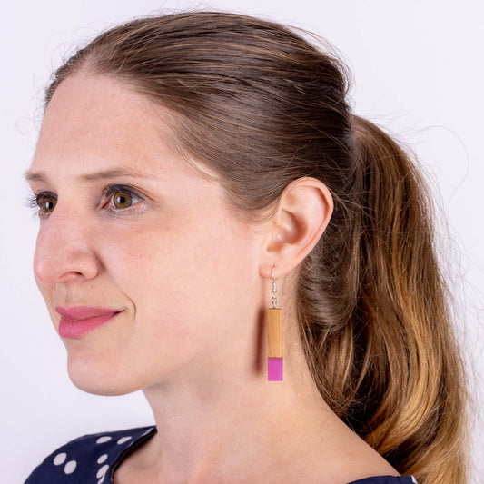 dangly pink resin and wood earrings from desiree