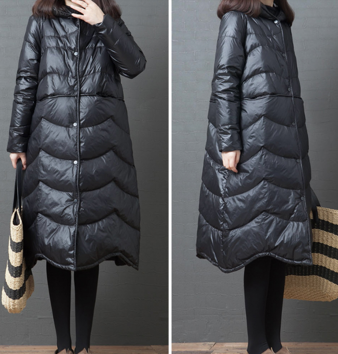 Black Hooded Long Puffer Coat Winter Duck Down Jacket Loose Down Jacke ...