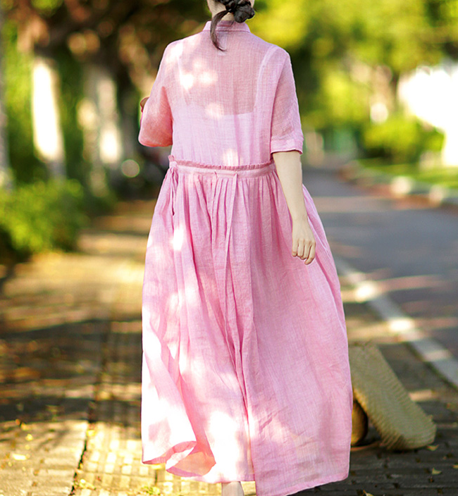 Pink Washed Soft Linen Summer Women Dresses Short Sleeve Maxi Women Dr ...