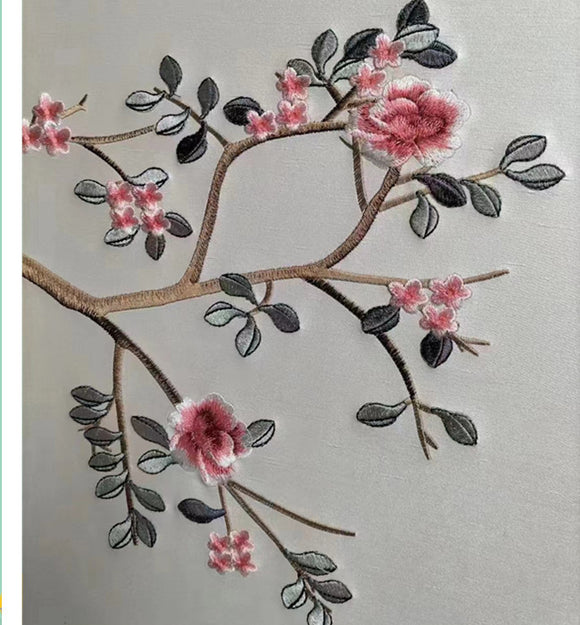Vintage Wall artwork Chinoiserie Flower Bird painted on Silk Embroidery Wall Decal