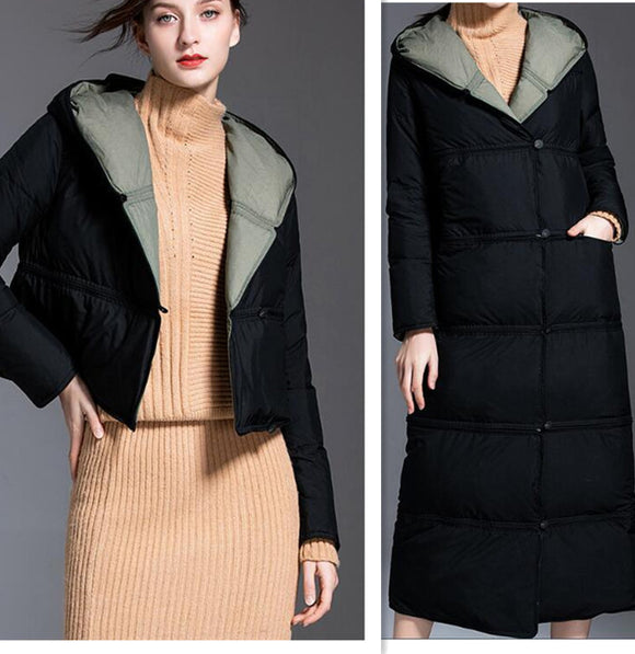 Two Ways Wear Long Women Down Coat Winter Loose 90% Hooded Duck Down J ...