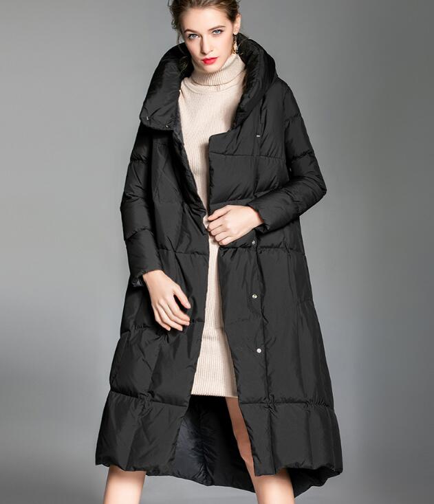 Irregular Hem Long Loose Women Down Coat Hooded Winter Loose 90% Duck ...