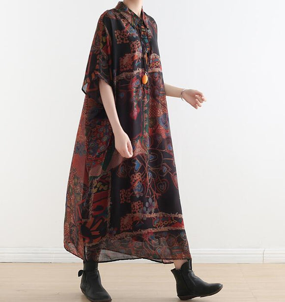 Chiffon Polo Collar Print Loose Long Women Dresses Plus Size AMT962328 ...