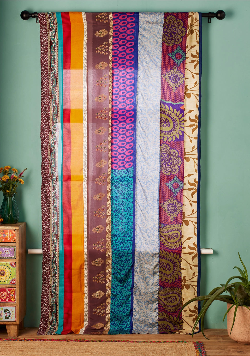 Two Boho Mystery Print Colorful Sari Curtain Panels
