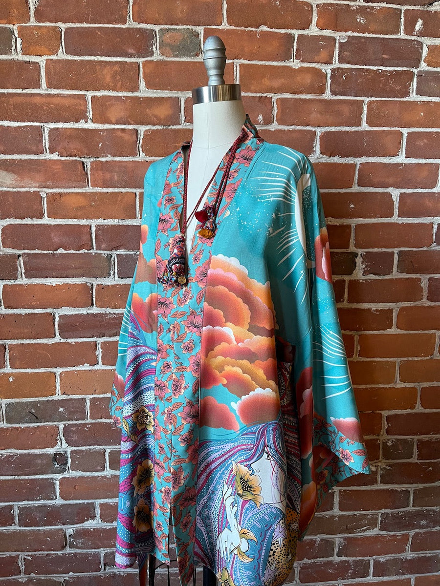 One Size Fits Most Celestial Goddess Flowy Teal Sunset Robe Kimono Duster Item: 1286
