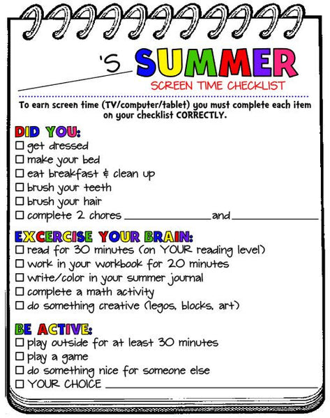 Editable Screen Time Checklist