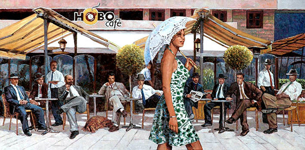 Cafe Painting, girl with umbrella by Theo Michael