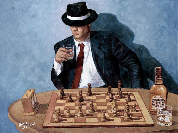 A Game of Chess (oil on panel)