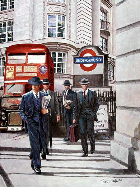 London oil painting by Theo Michael, Let's Go To Work