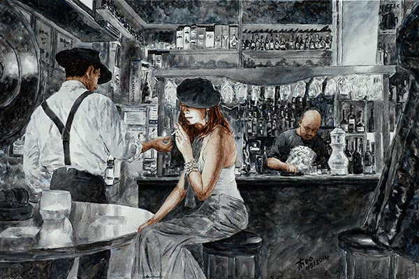 black and white painting of a bar/restaurant by Theo Michael