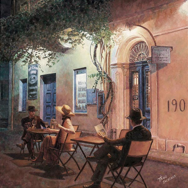 Cafe At Night, an oil painting by Theo Michael, featuring the Art Cafe in Larnaca