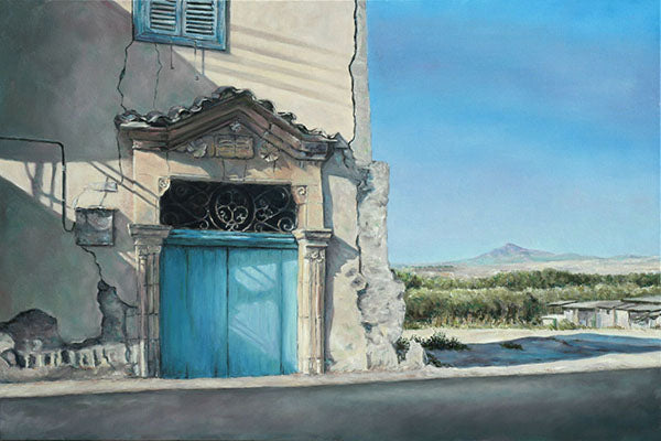Cyprus door painting by Theo Michael, featuring a village setting with a view towards Stavrovouni