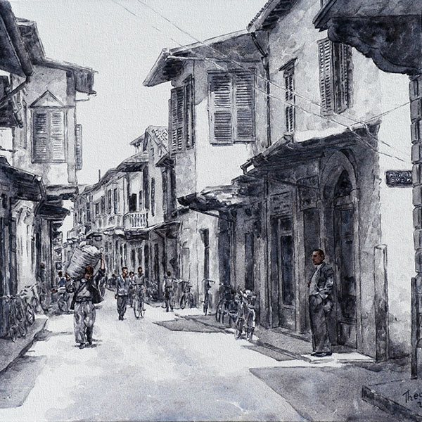 Ermou Street, a Black and White painting by Theo Michael 