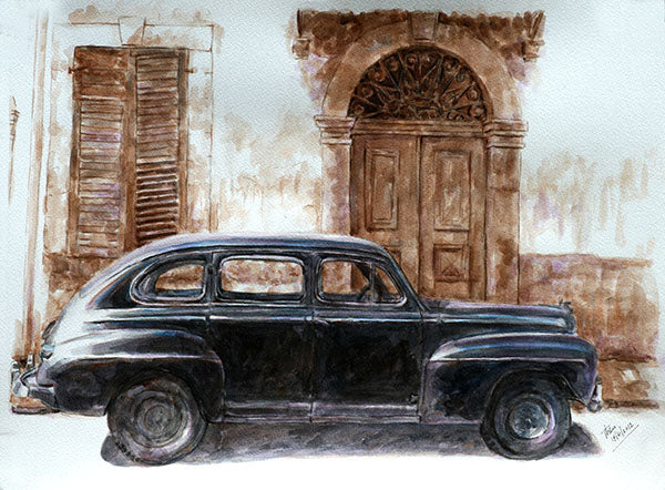 The Oldtimer, a Cypriot Door and classic car painting by Theo Michael