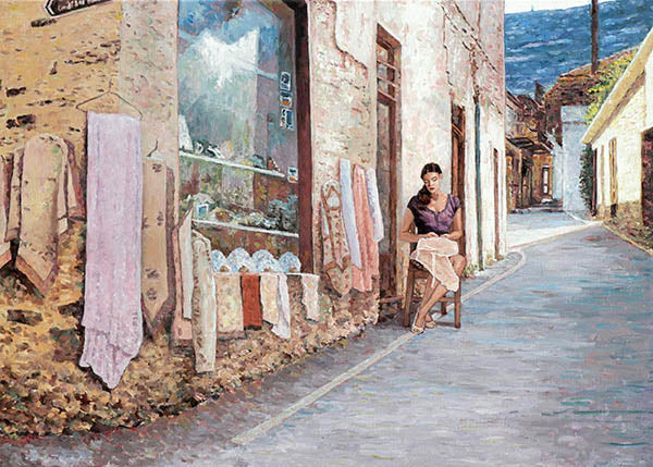 oil painting Lefkara Cyprus, traditional lace making village by Theo Michael