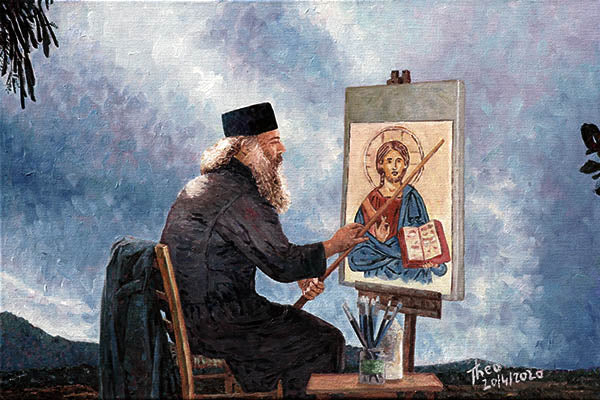 oil painting of Cyprus priest, The Icon Painter by Theo Michael