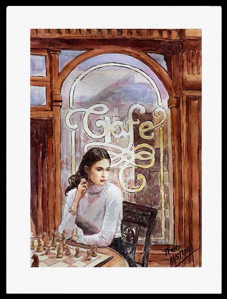 watercolour painting Girl Playing Chess At The Cafe by Theo Michael