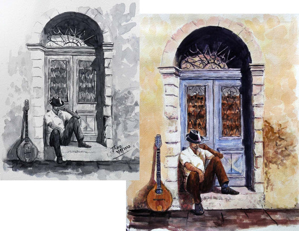 watercolour painting bouzouki player by Theo Michael