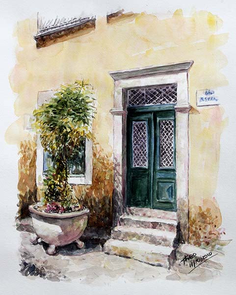 watercolour painting of a Cyprus Green Door by Theo Michael