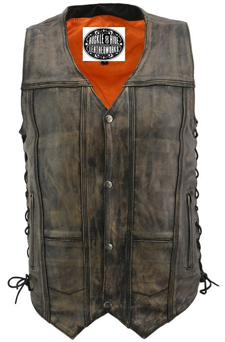Distressed Brown Leather Vest – Buckle and Hide Leather LLC
