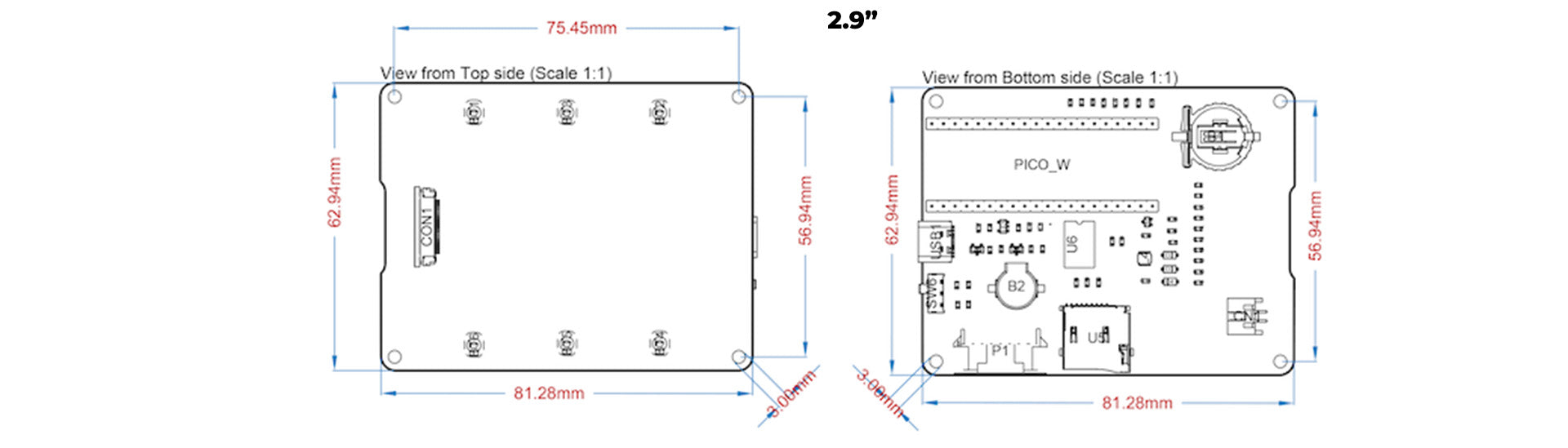 EnkPi Epaper based on Pico - Dimensions