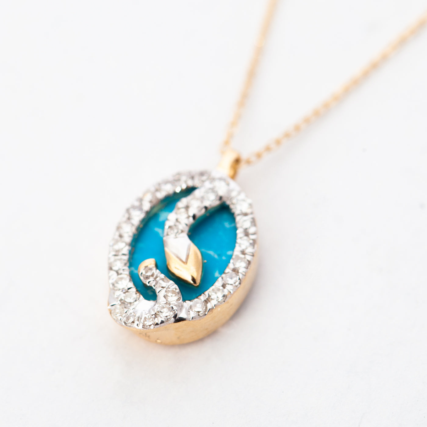 Tiny Turquoise & Diamond Oval Snake Pendant