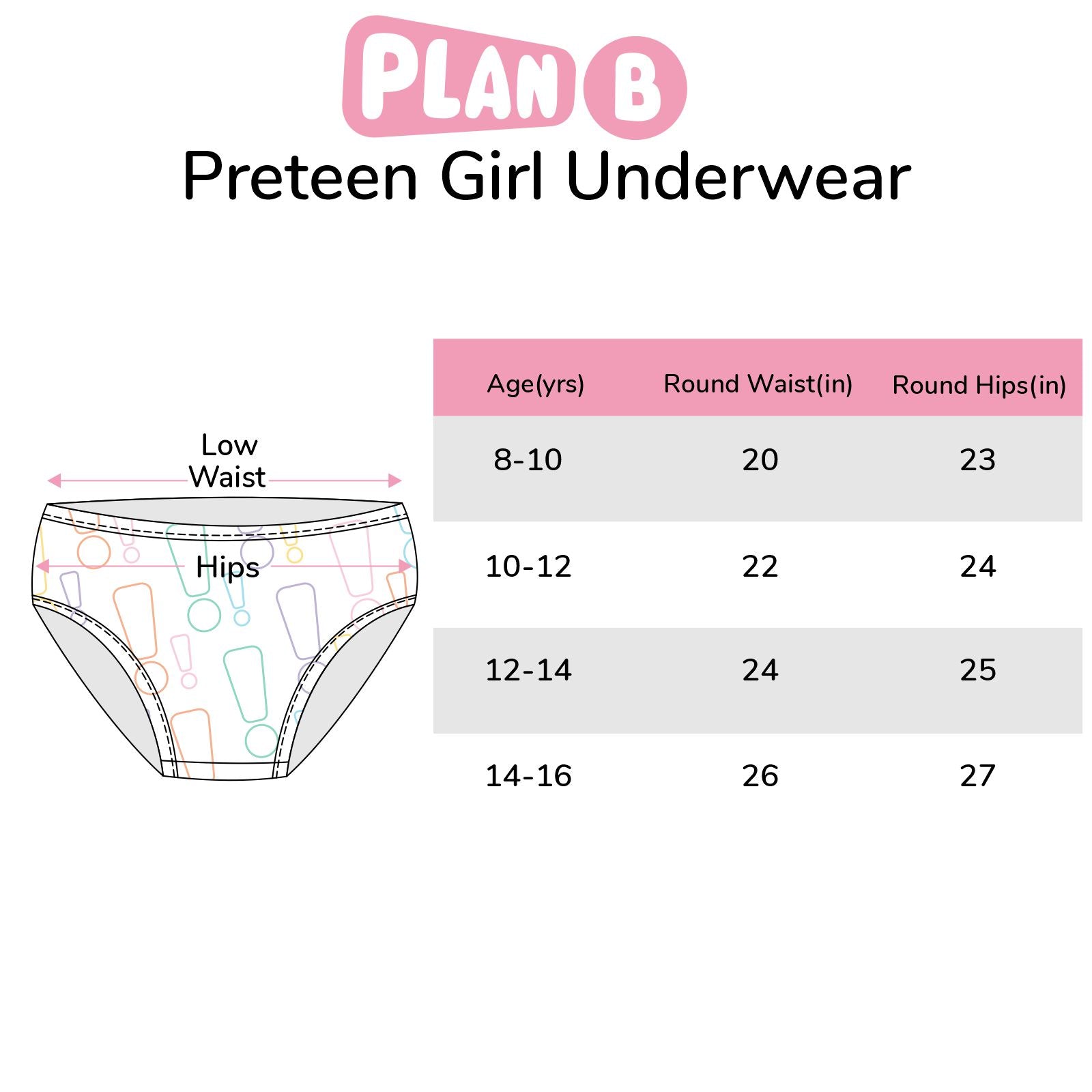 Size Chart - Pre Teen Girl Underwear – Plan B