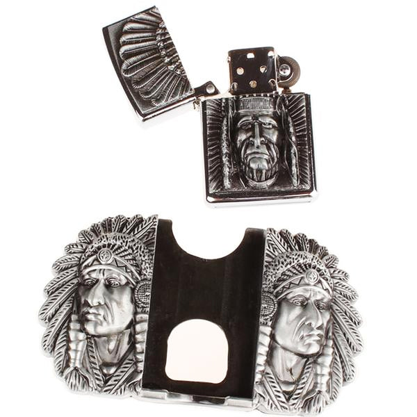“Indian Chief“ Metal Belt Buckle with Belt & Lighter – Blown Biker