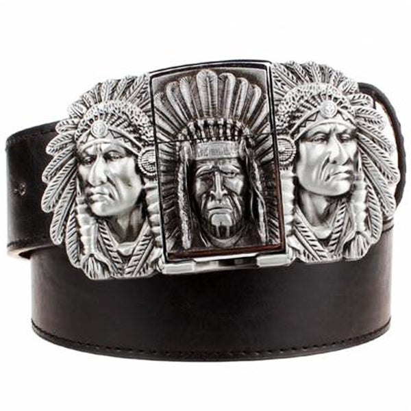 “Indian Chief“ Metal Belt Buckle with Belt & Lighter – Blown Biker